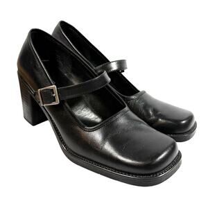 Bass Barry Mary Jane Y2K Black Leather Square Toe Buckle Pump Heels Sz 8
